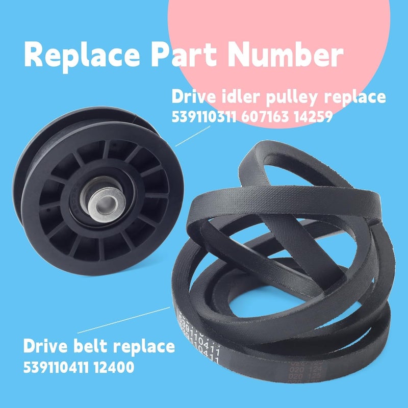 GLOXTED 539110311 & 539110411 Drive Idler Pulley and Belt Kit Replacement for Husqvarna Z254F Lawn Mower, Replace 607163 14259 12400 - Image 4